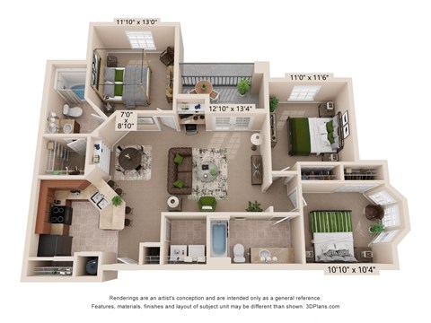 Floor plan for 3 beds, 2 baths, 1211 sqft